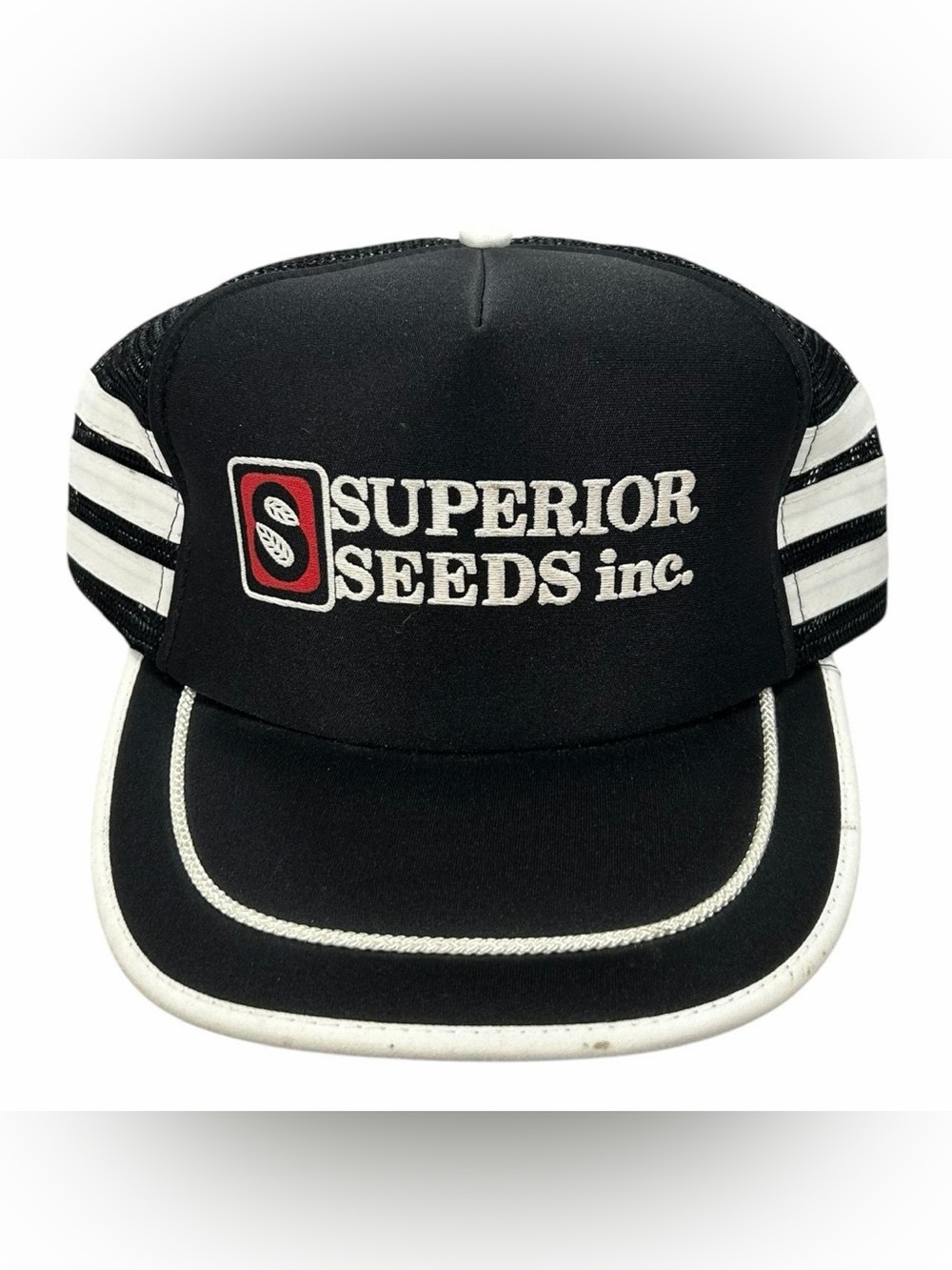 VTG Nissin Cap Superior Seed Inc Black & White 3 Striped Foam Mesh Snapback Hat